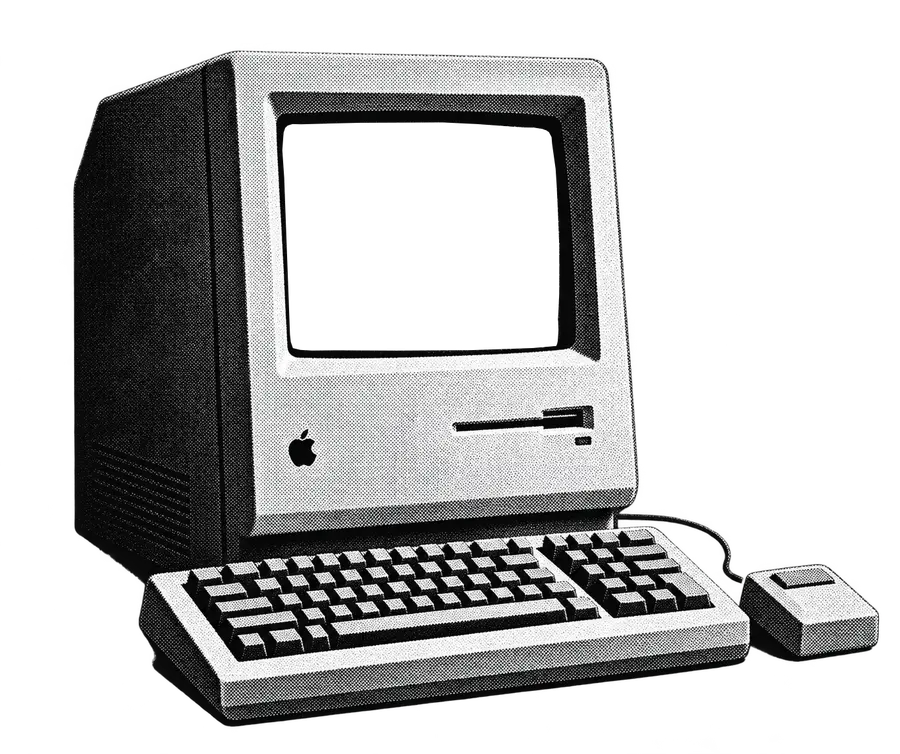 An early Apple Macintosh with its keyboard and mouse, printed in coarse black dots.